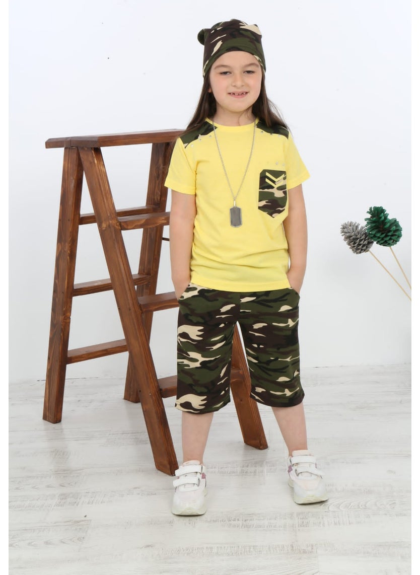 Blue Bead Kids Camouflage Shorts Girl Tracksuit Set Hat Necklace 4 Pieces