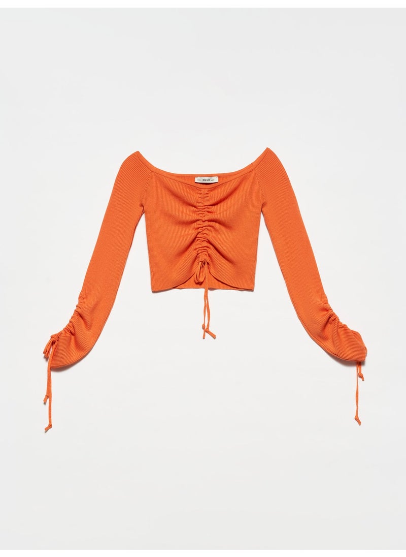 10192 Open Shoulder Drawstring Lace-Up Sweater-Orange