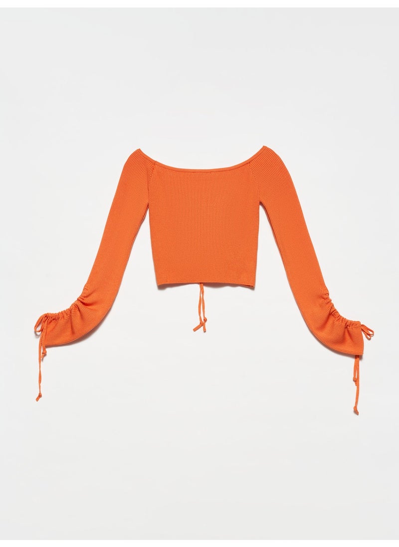 10192 Open Shoulder Drawstring Lace-Up Sweater-Orange