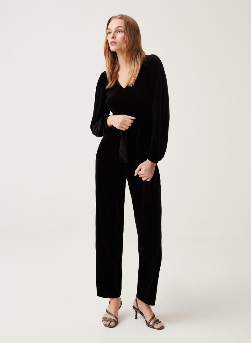 Ovs Womens Velvet Jumpsuit With Drawstring