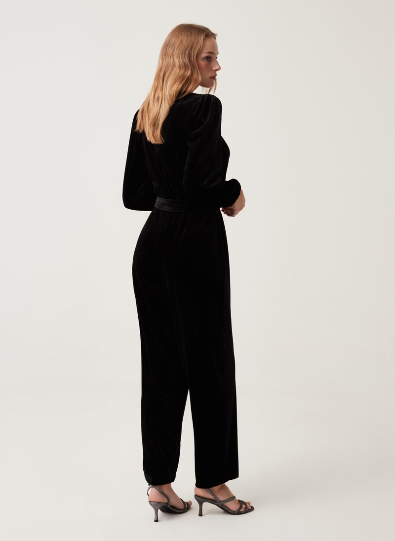 Ovs Womens Velvet Jumpsuit With Drawstring