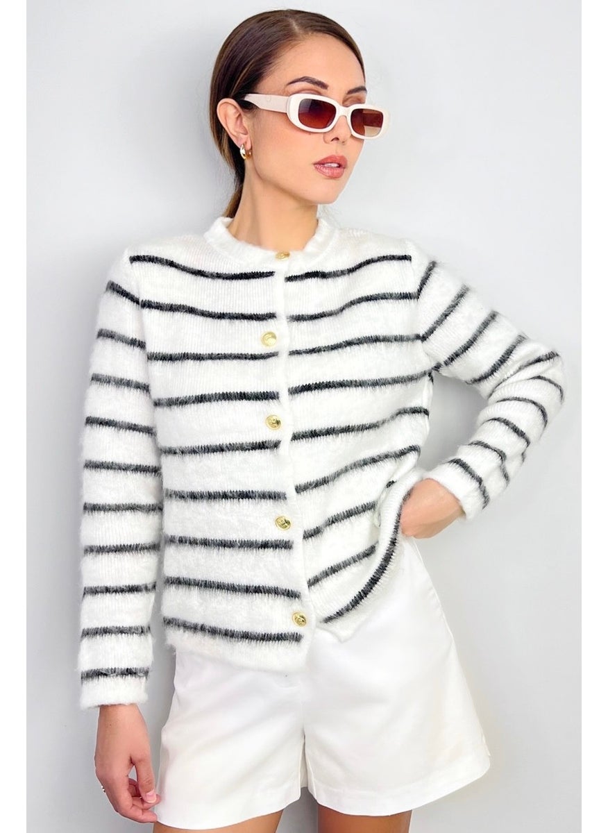 Women's Ecru Striped Furry Gold Buttoned Cardigan