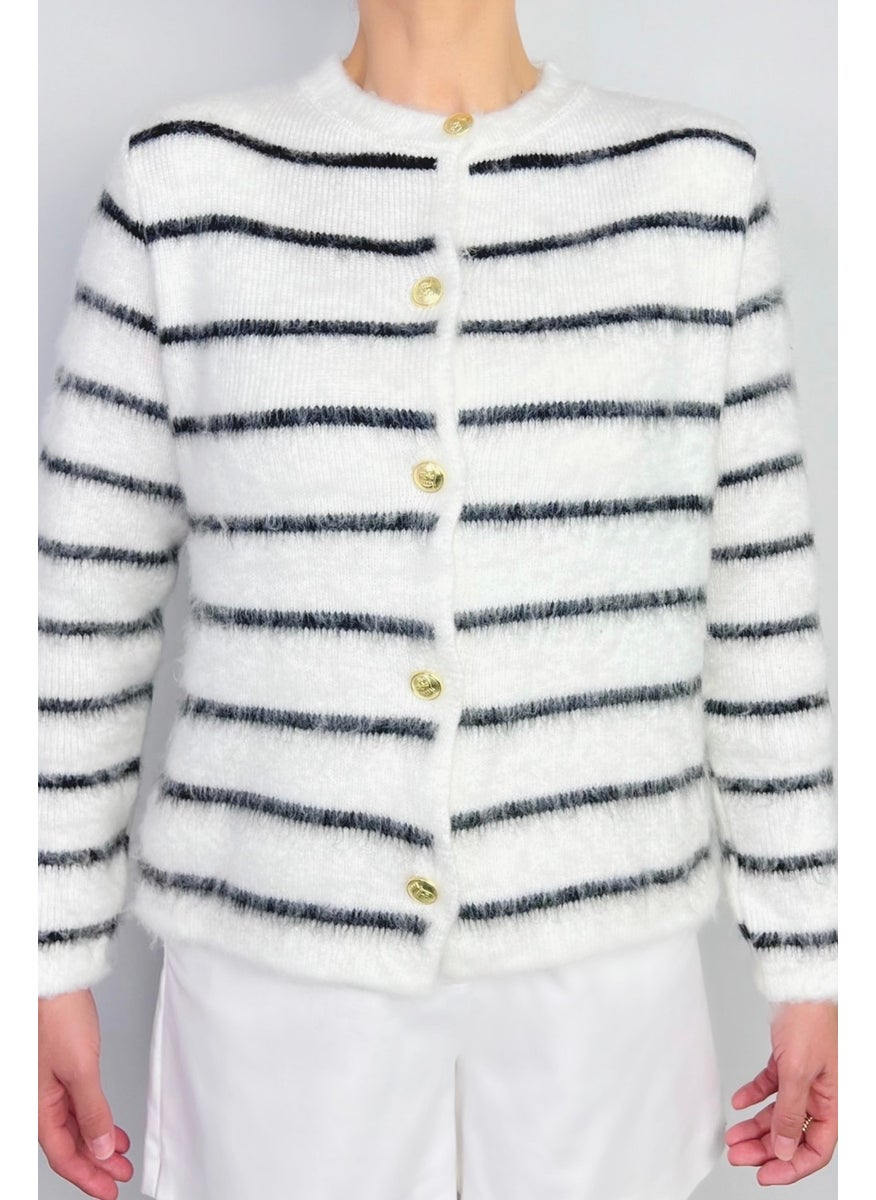 Women's Ecru Striped Furry Gold Buttoned Cardigan