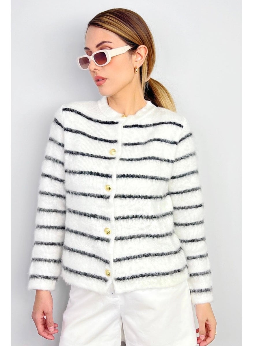 Women's Ecru Striped Furry Gold Buttoned Cardigan