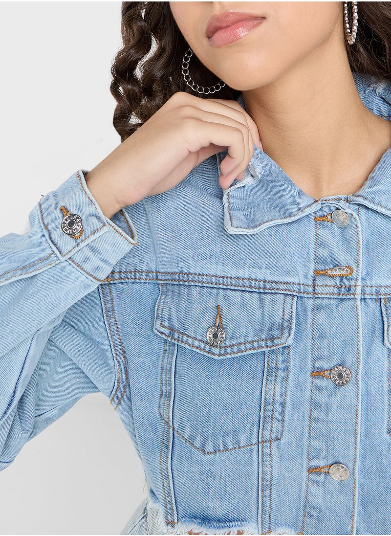 Cropped Distressed Denim Jacket With Frayed Hem