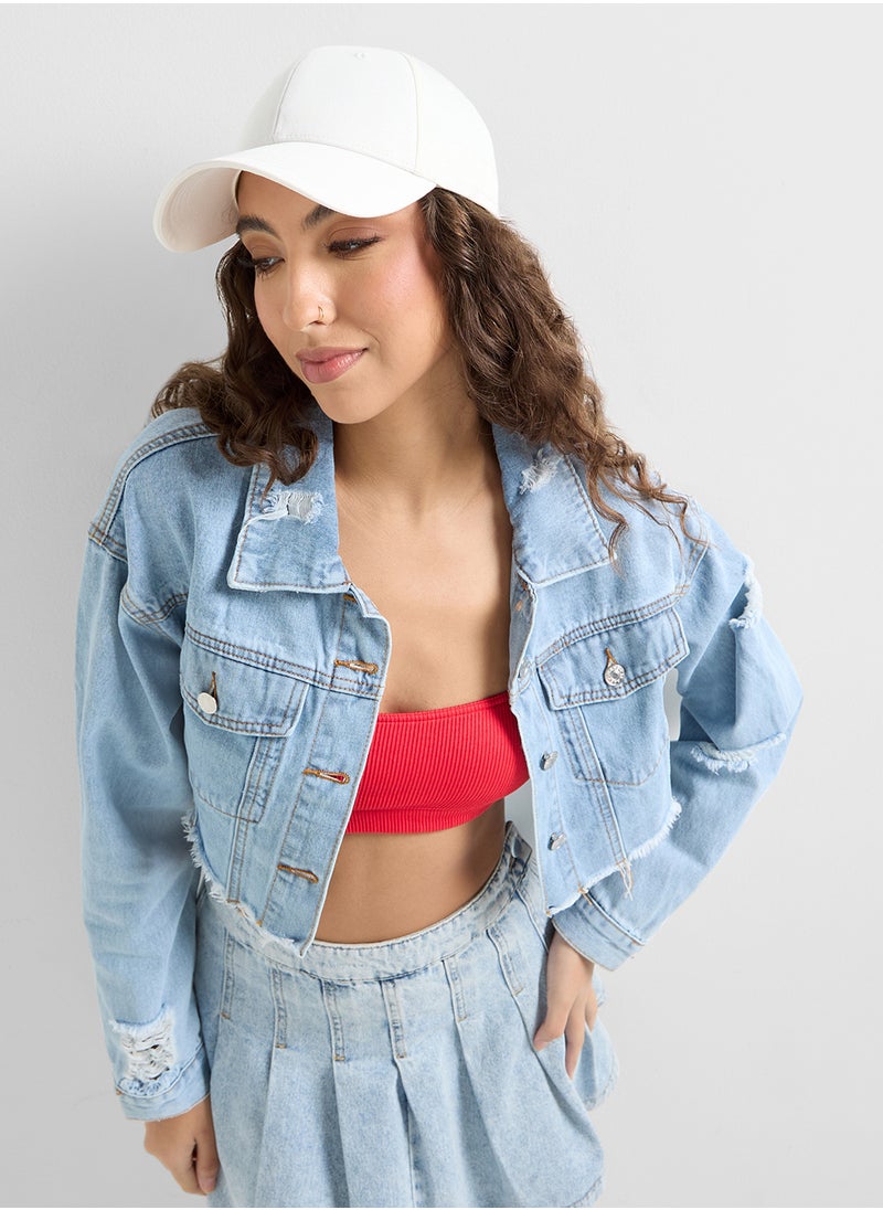 Cropped Distressed Denim Jacket With Frayed Hem