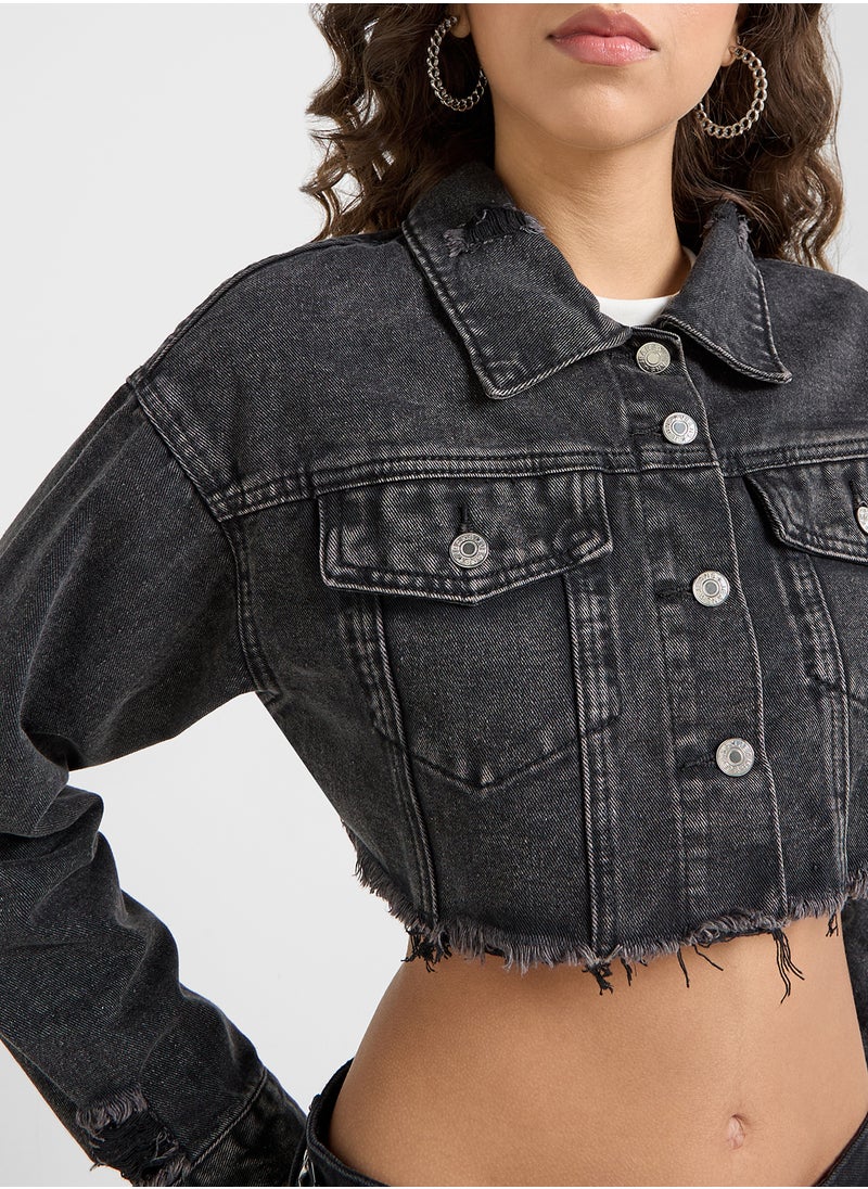 Cropped Distressed Denim Jacket With Frayed Hem