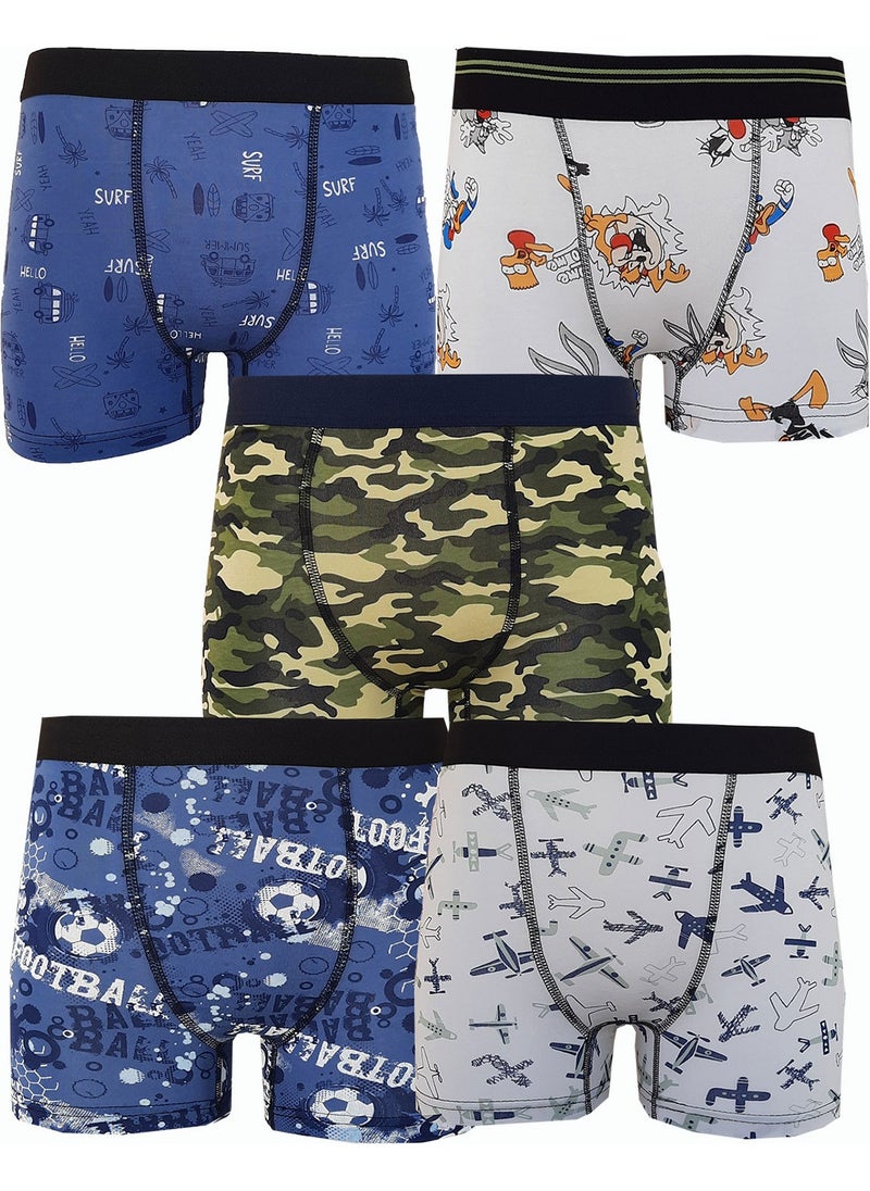 Rivaling All, 5-Piece Boy's Patterned Boxer, Cheerful, Economical Cotton Long Johns