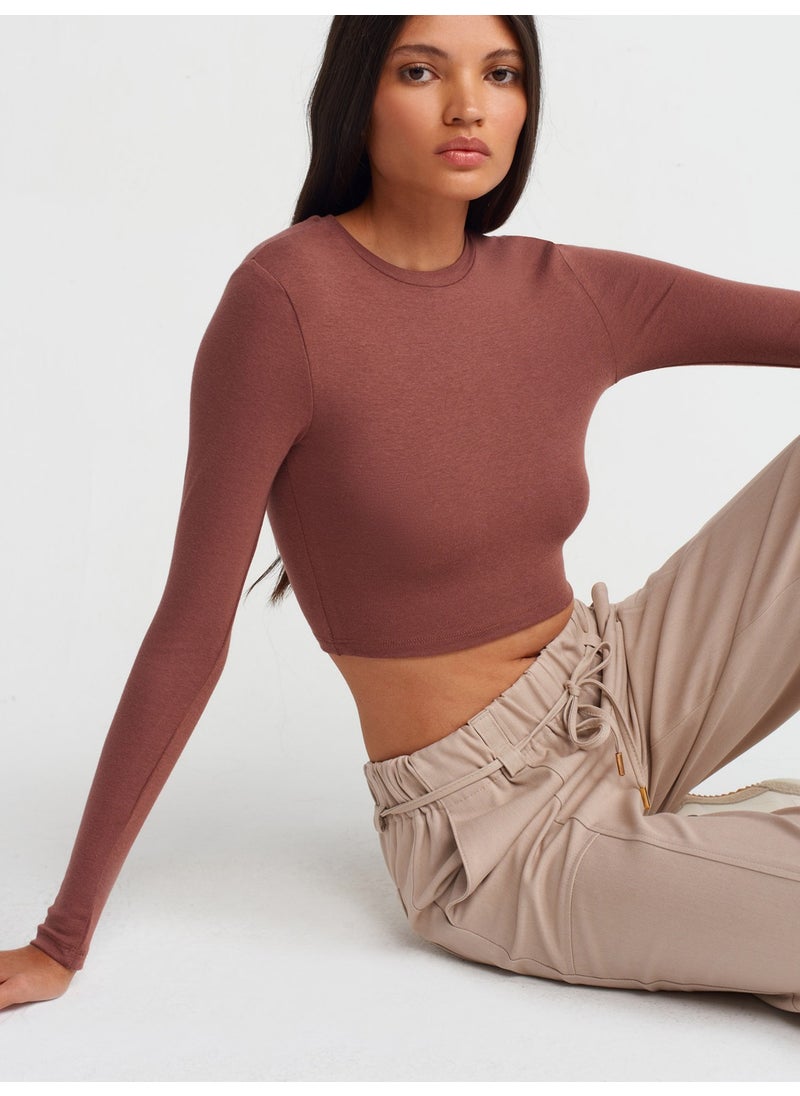 31236 Long Sleeve Crop Top-Brown