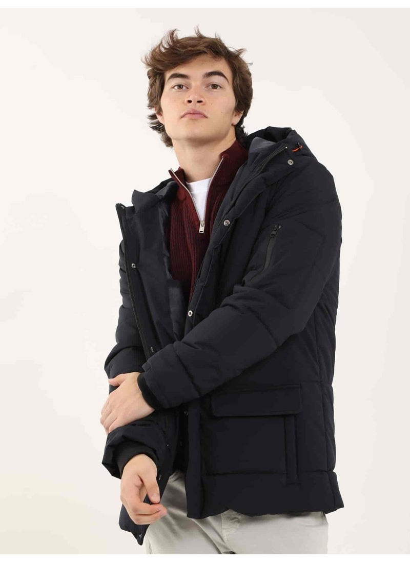 Navy Blue Men's Regular Fit Plain Hooded Coat - 96984