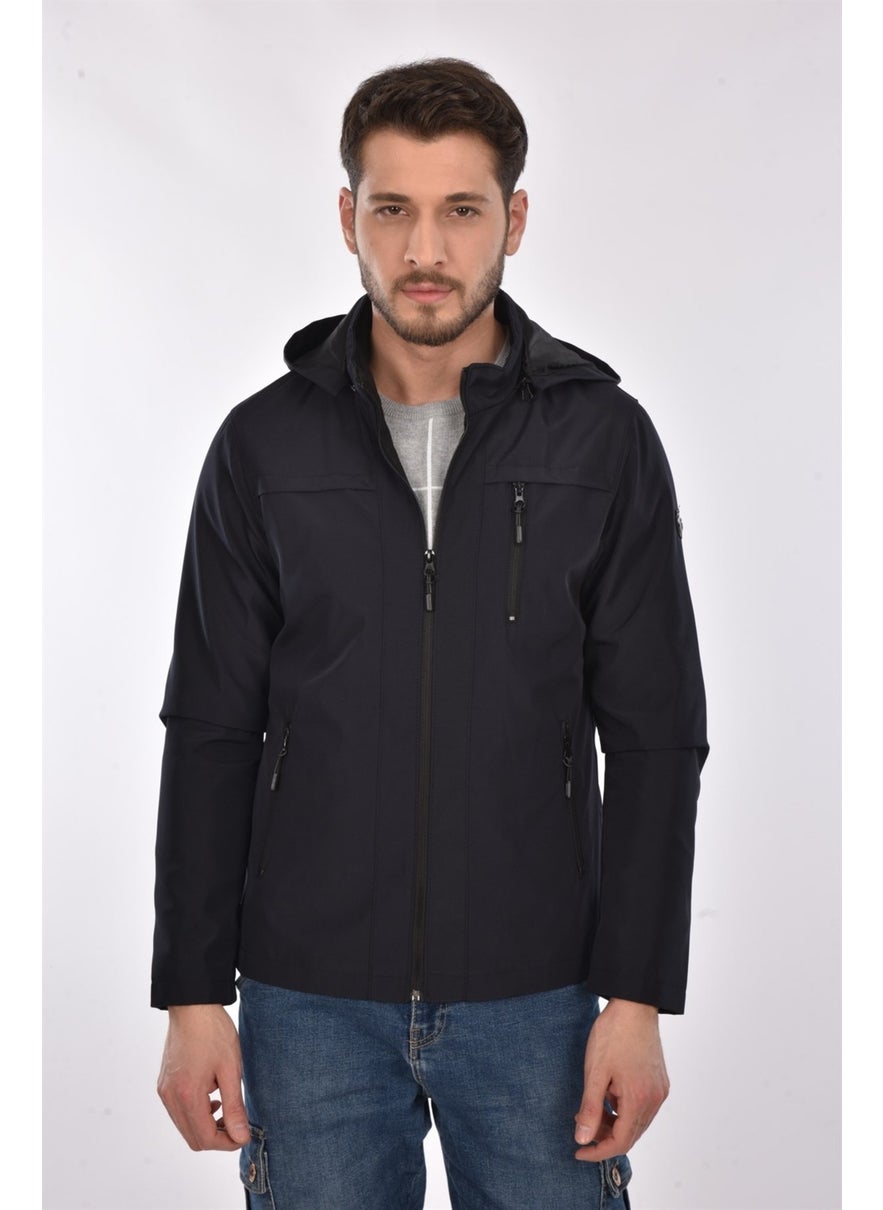 New Season Men's Black Hooded Inner Pocket Water and Windproof Seasonal & Summer Coat