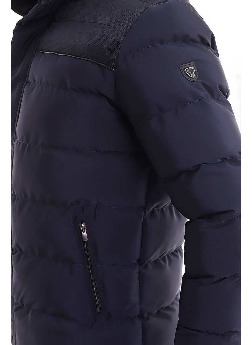 Men's Hooded Navy Blue Water and Windproof Regular Puffer Coat & Jacket