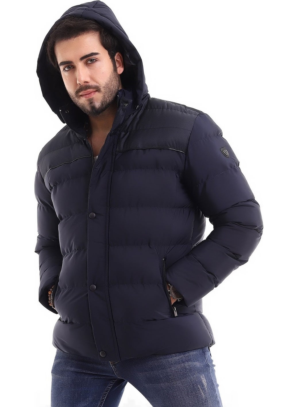 Men's Hooded Navy Blue Water and Windproof Regular Puffer Coat & Jacket