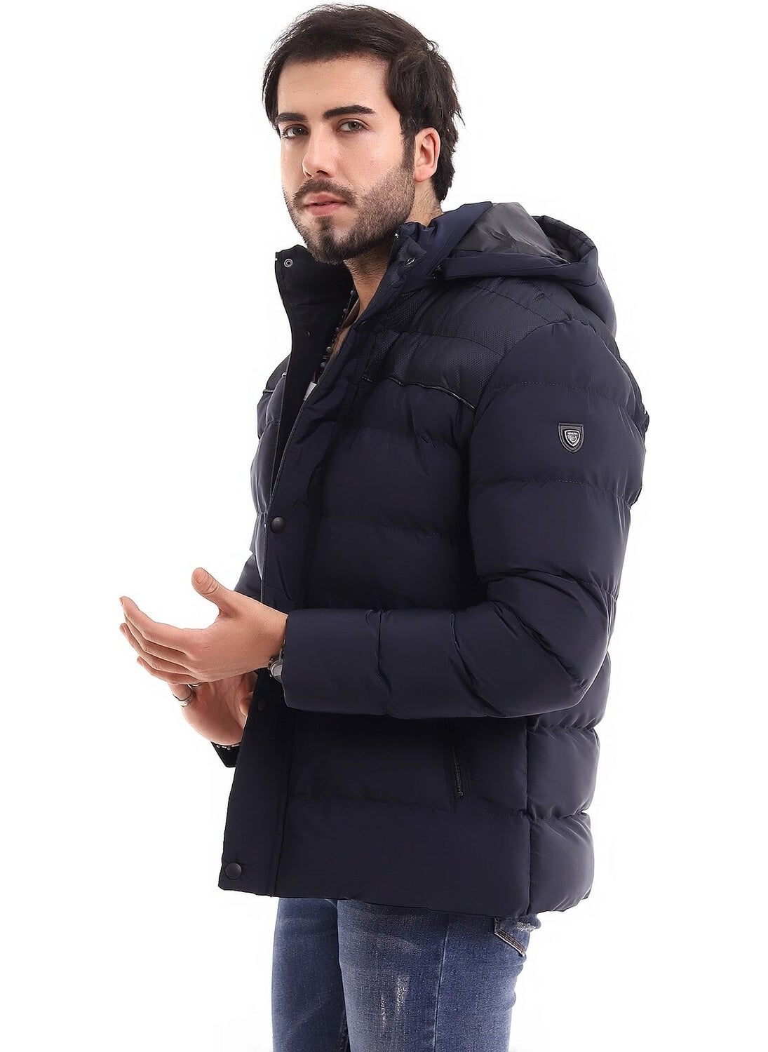 Men's Hooded Navy Blue Water and Windproof Regular Puffer Coat & Jacket