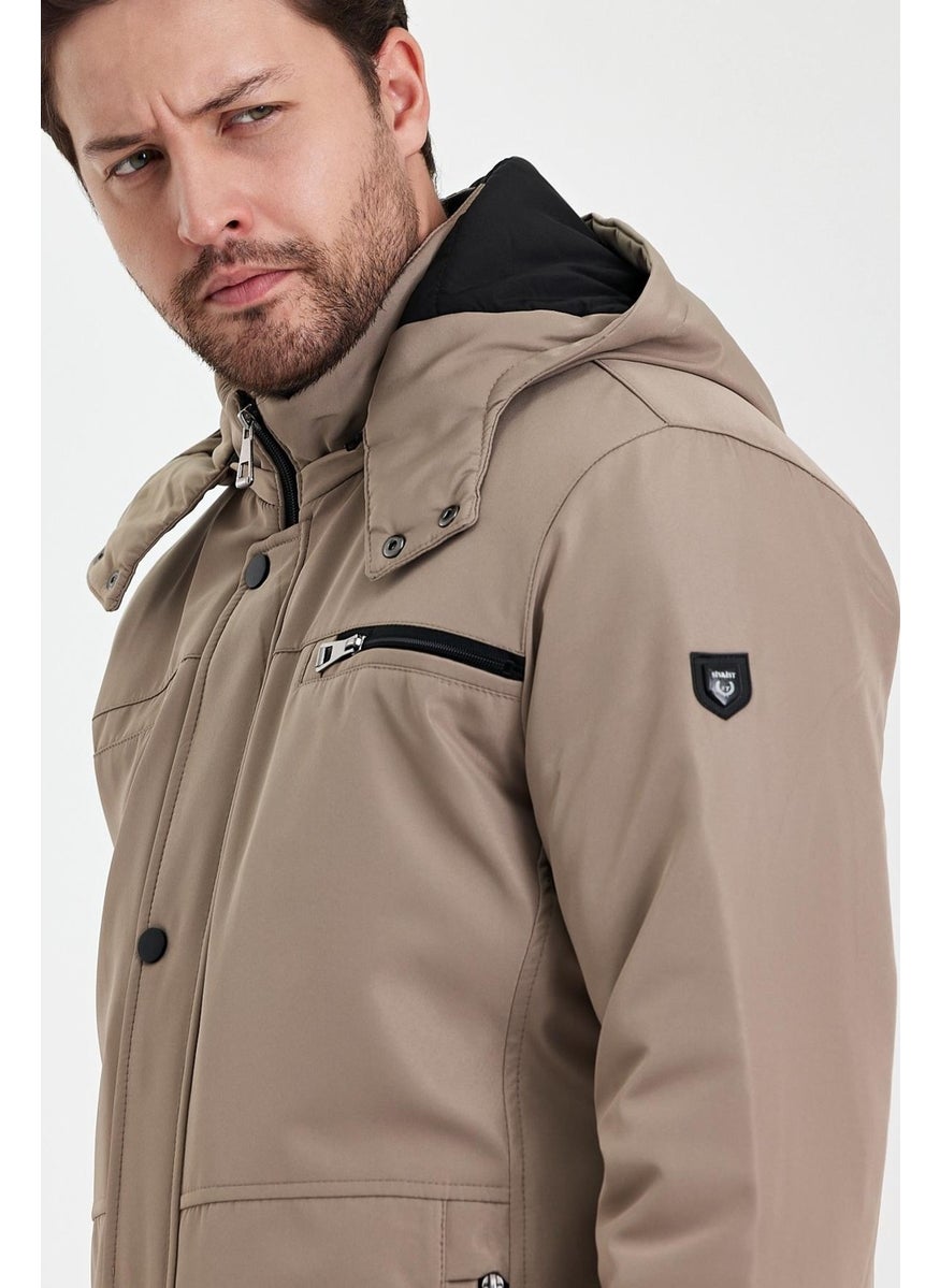 Cream Thick Fur Lined Detachable Hooded Zipper Pocket Wind and Waterproof Jacket&Coat