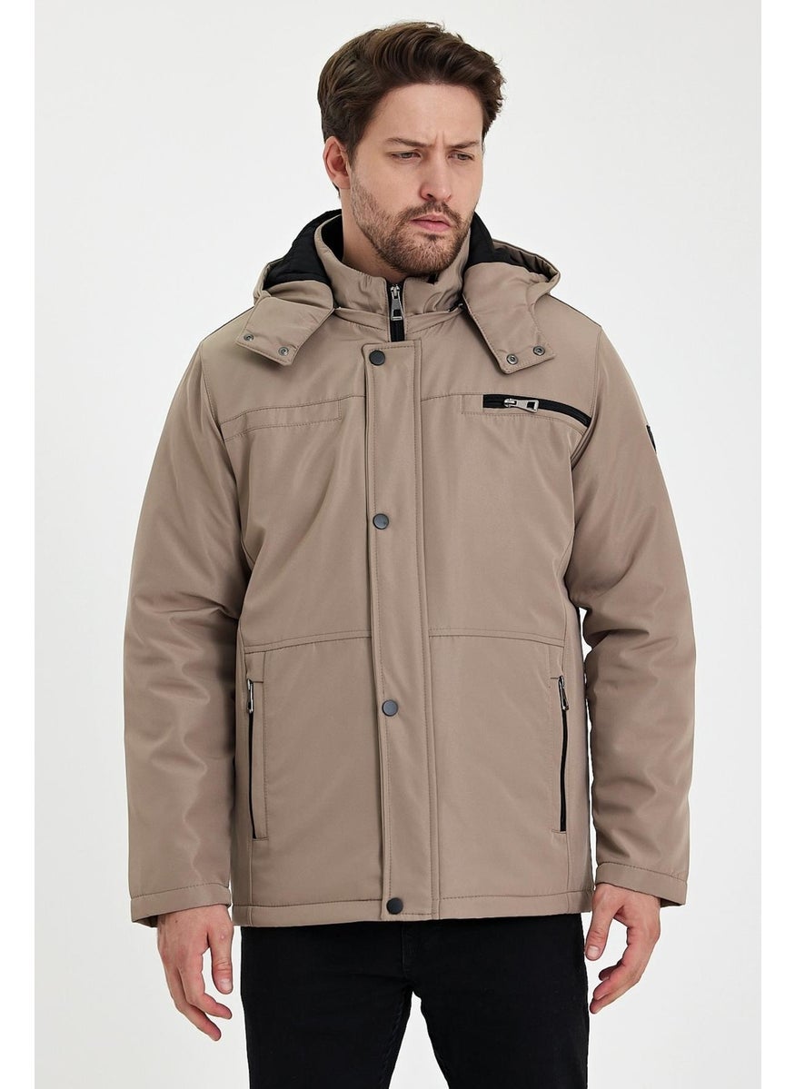 Cream Thick Fur Lined Detachable Hooded Zipper Pocket Wind and Waterproof Jacket&Coat