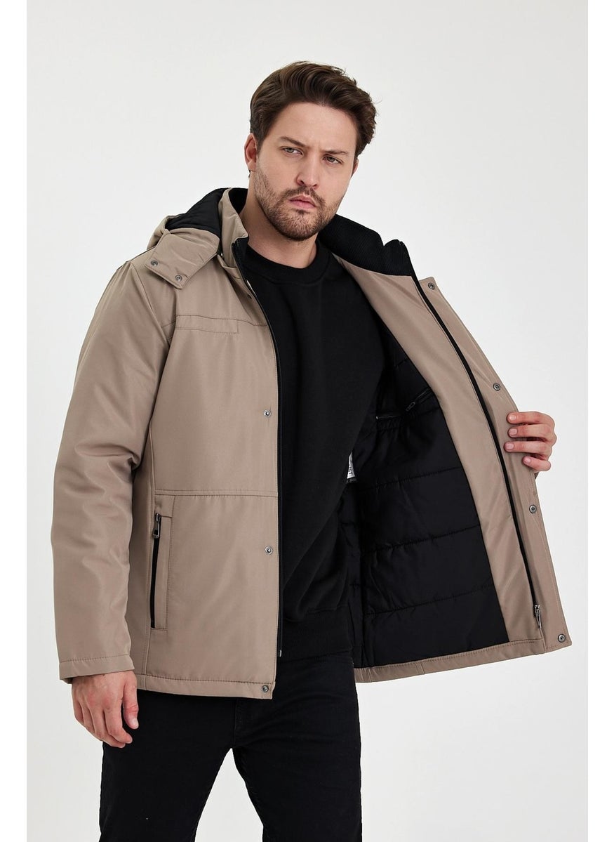 Cream Thick Fur Lined Detachable Hooded Zipper Pocket Wind and Waterproof Jacket&Coat