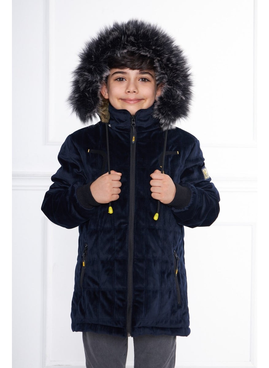 Navy Blue Boy Water and Windproof Detachable Hooded Velvet Coat & Jacket