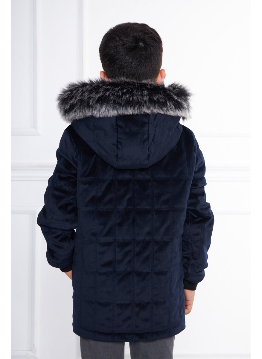 Navy Blue Boy Water and Windproof Detachable Hooded Velvet Coat & Jacket