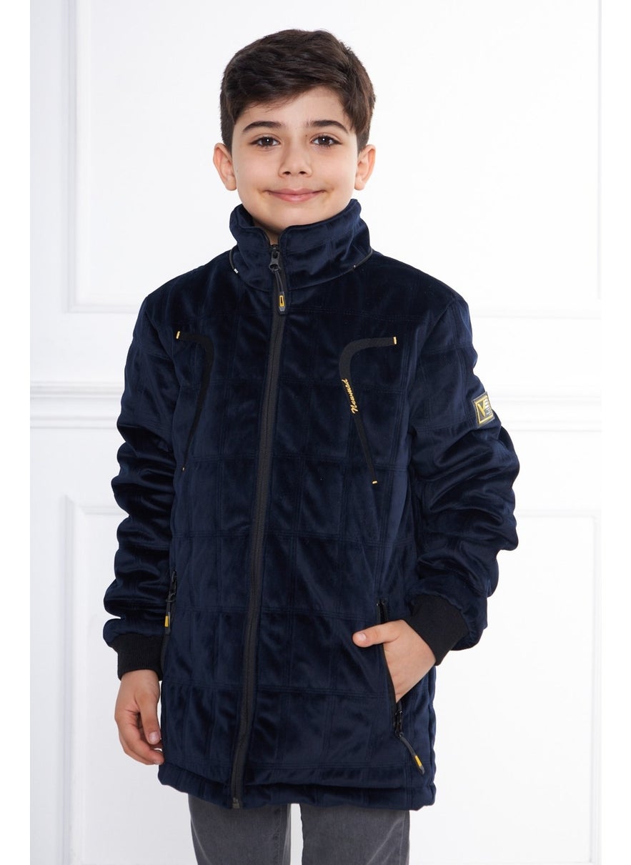 Navy Blue Boy Water and Windproof Detachable Hooded Velvet Coat & Jacket