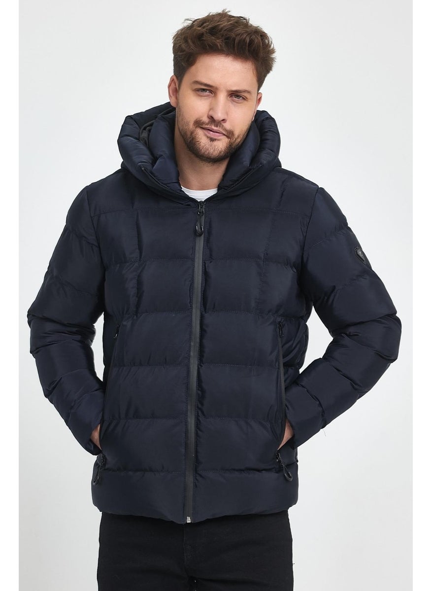 Men's Navy Blue Water and Windproof Fixed Hooded Puffy Collar Thick Fur Lined Puffer Jacket & Coat