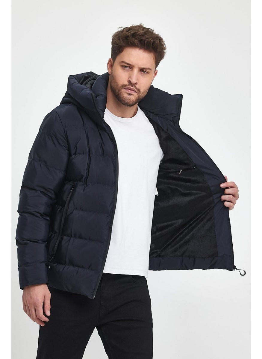 Men's Navy Blue Water and Windproof Fixed Hooded Puffy Collar Thick Fur Lined Puffer Jacket & Coat