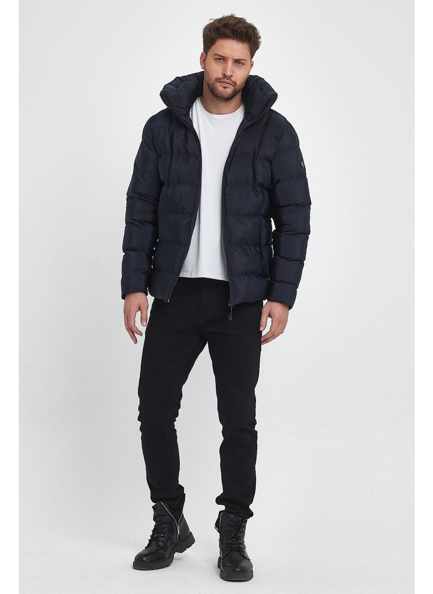 Men's Navy Blue Water and Windproof Fixed Hooded Puffy Collar Thick Fur Lined Puffer Jacket & Coat