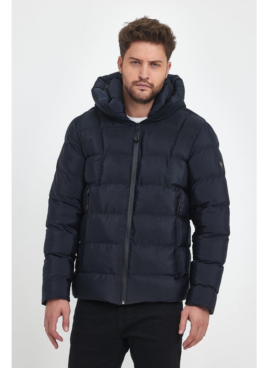 Men's Navy Blue Water and Windproof Fixed Hooded Puffy Collar Thick Fur Lined Puffer Jacket & Coat