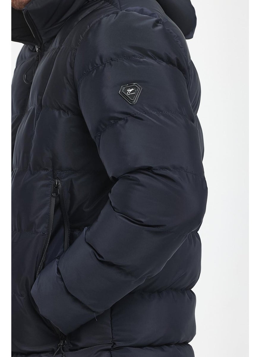 Men's Navy Blue Water and Windproof Fixed Hooded Puffy Collar Thick Fur Lined Puffer Jacket & Coat