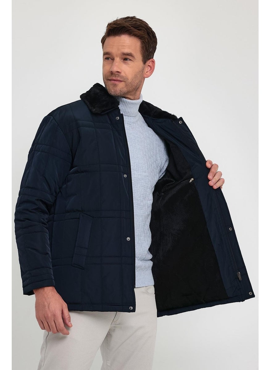 Men's Navy Blue Standard Fit Normal Cut Furry Detachable Collar Snap Detail Zippered Furry Winter Coat