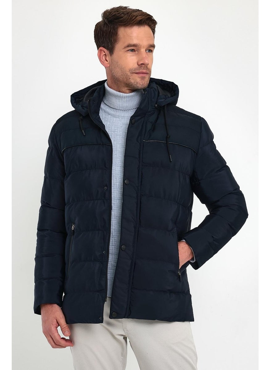 Men's Navy Blue Standard Fit Regular Cut Fur Lined Hooded Stand Collar Coat