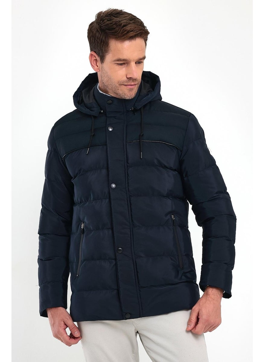 Men's Navy Blue Standard Fit Regular Cut Fur Lined Hooded Stand Collar Coat