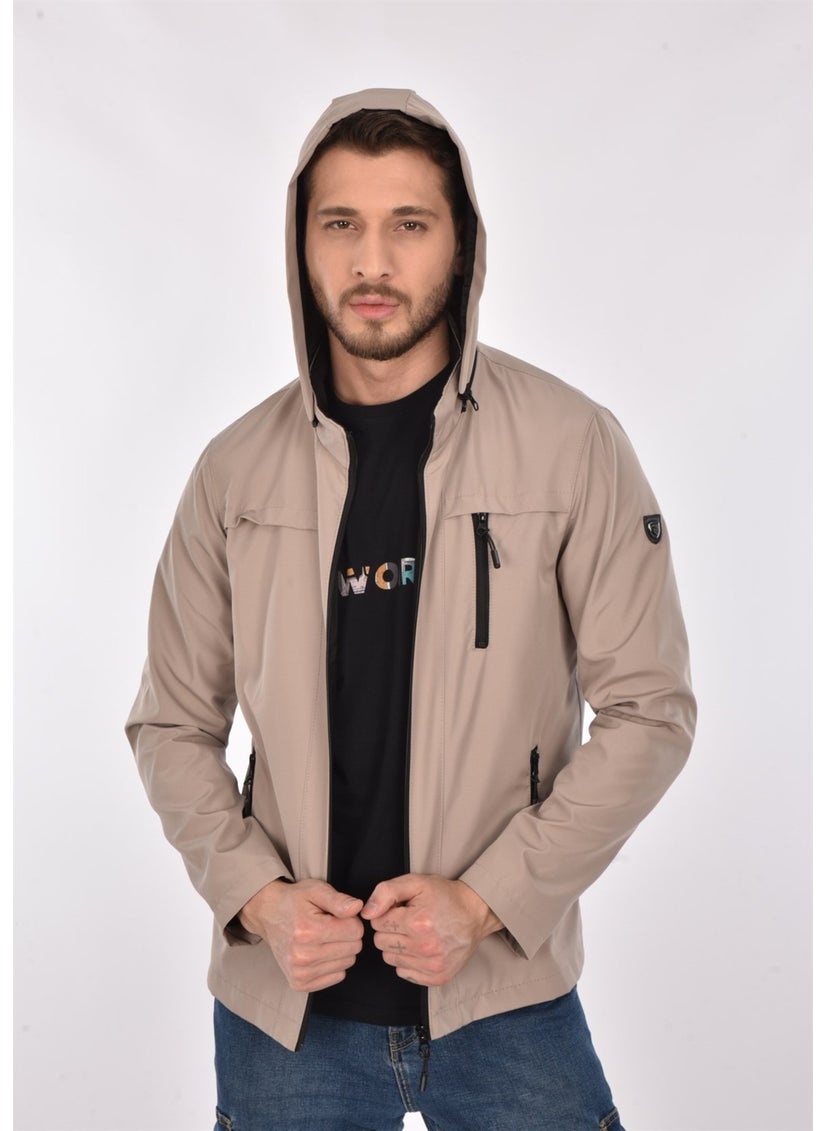 New Season Men's Cream Hooded Inner Pocket Water and Windproof Seasonal & Summer Coat