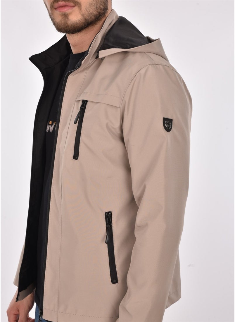 New Season Men's Cream Hooded Inner Pocket Water and Windproof Seasonal & Summer Coat