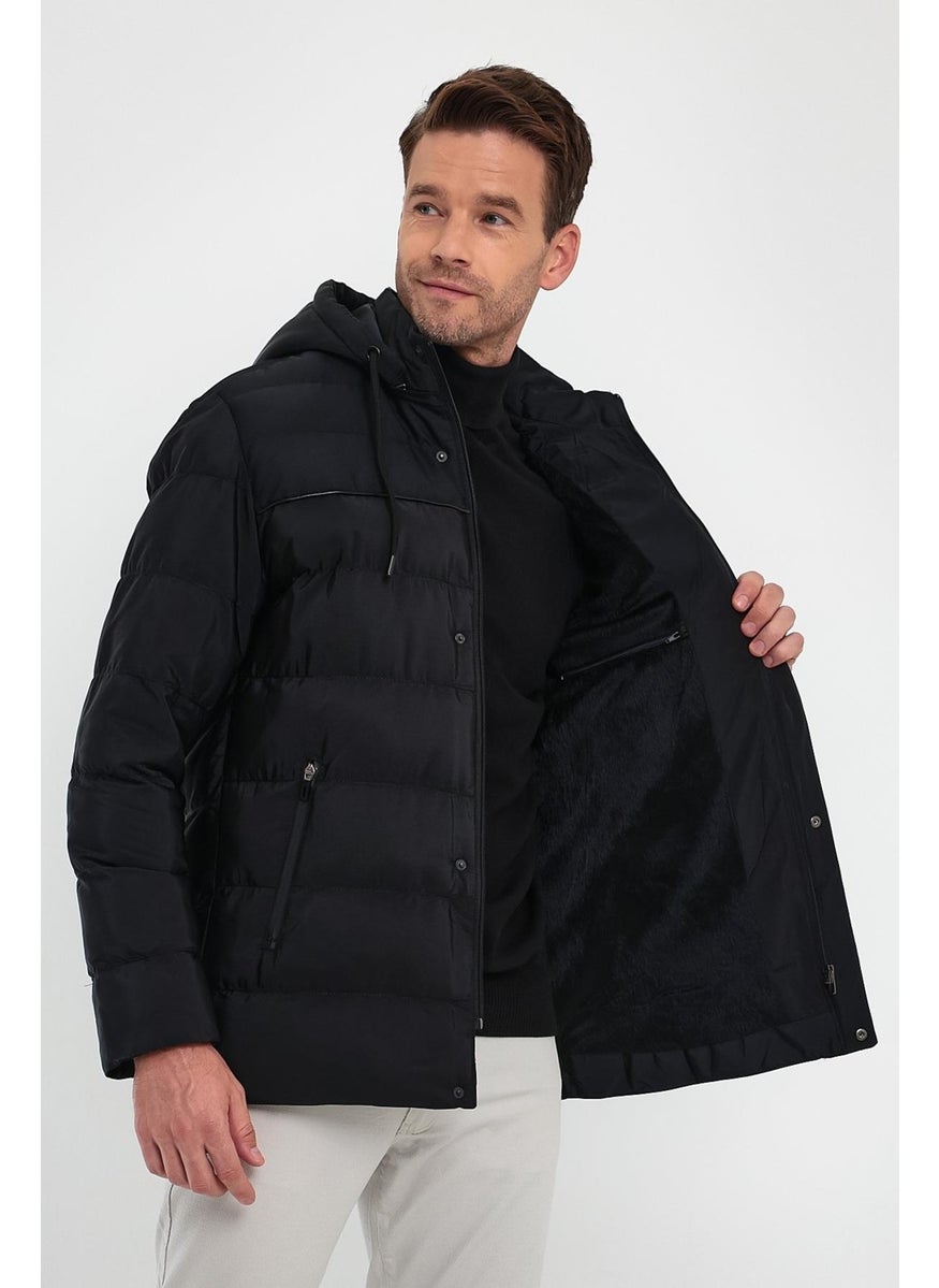 Men's Black Standard Fit Regular Cut Fur Lined Hooded Stand Collar Coat