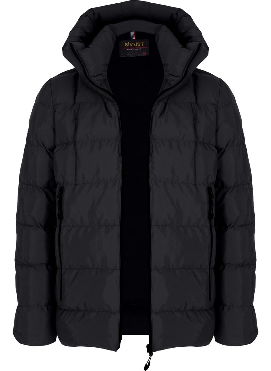 Men's Black Water and Windproof Fixed Hooded Puffy Collar Thick Fur Lined Puffer Jacket & Coat