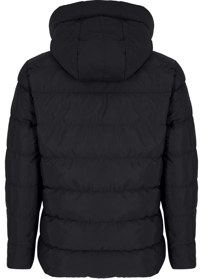 Men's Black Water and Windproof Fixed Hooded Puffy Collar Thick Fur Lined Puffer Jacket & Coat