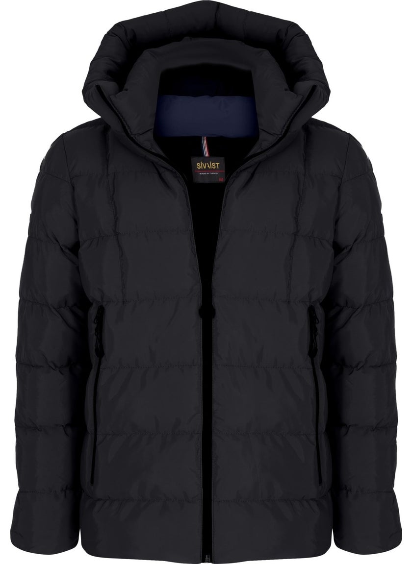 Men's Black Water and Windproof Fixed Hooded Puffy Collar Thick Fur Lined Puffer Jacket & Coat