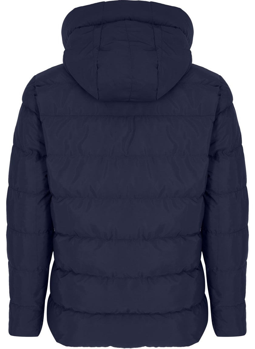 Men's Navy Blue Water and Windproof Fixed Hooded Puffy Collar Thick Fur Lined Puffer Jacket & Coat