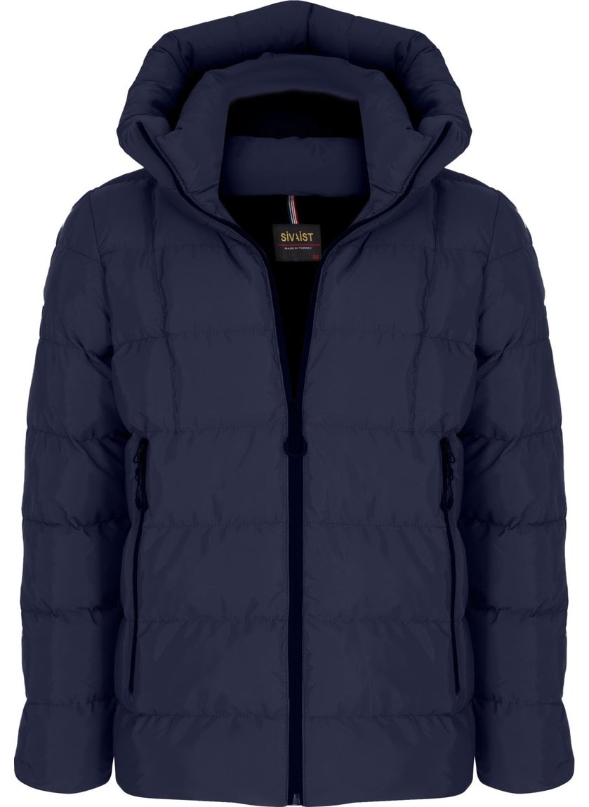 Men's Navy Blue Water and Windproof Fixed Hooded Puffy Collar Thick Fur Lined Puffer Jacket & Coat