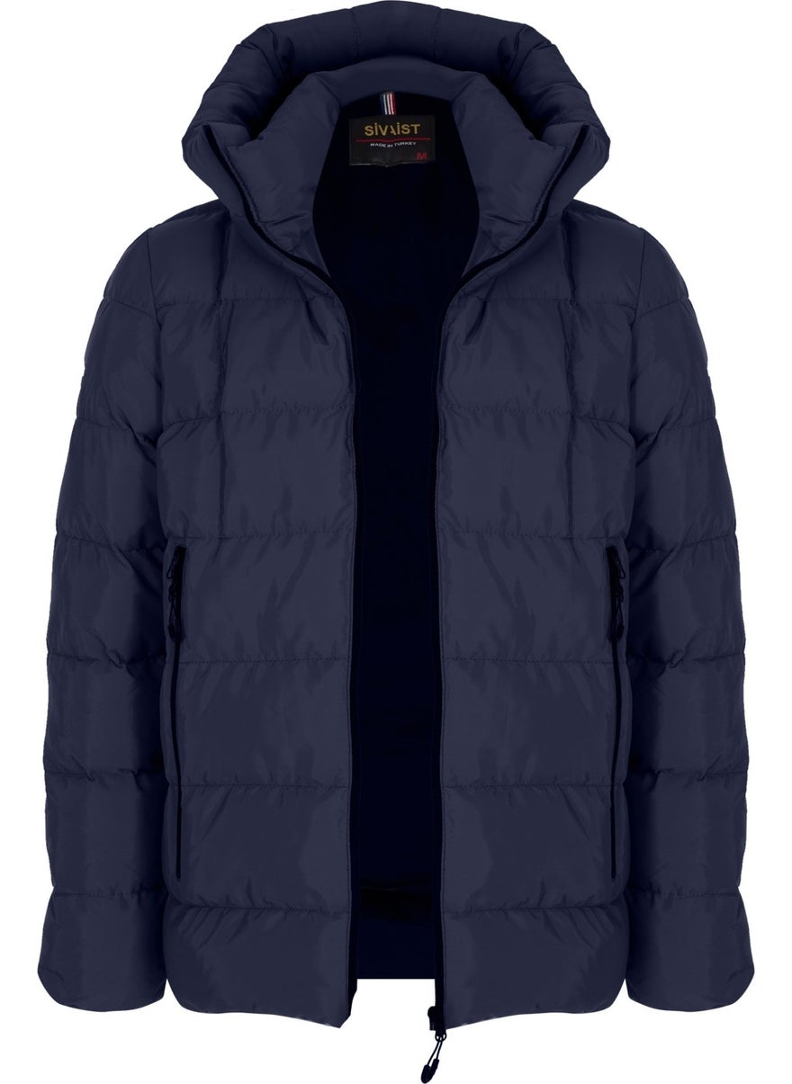 Men's Navy Blue Water and Windproof Fixed Hooded Puffy Collar Thick Fur Lined Puffer Jacket & Coat