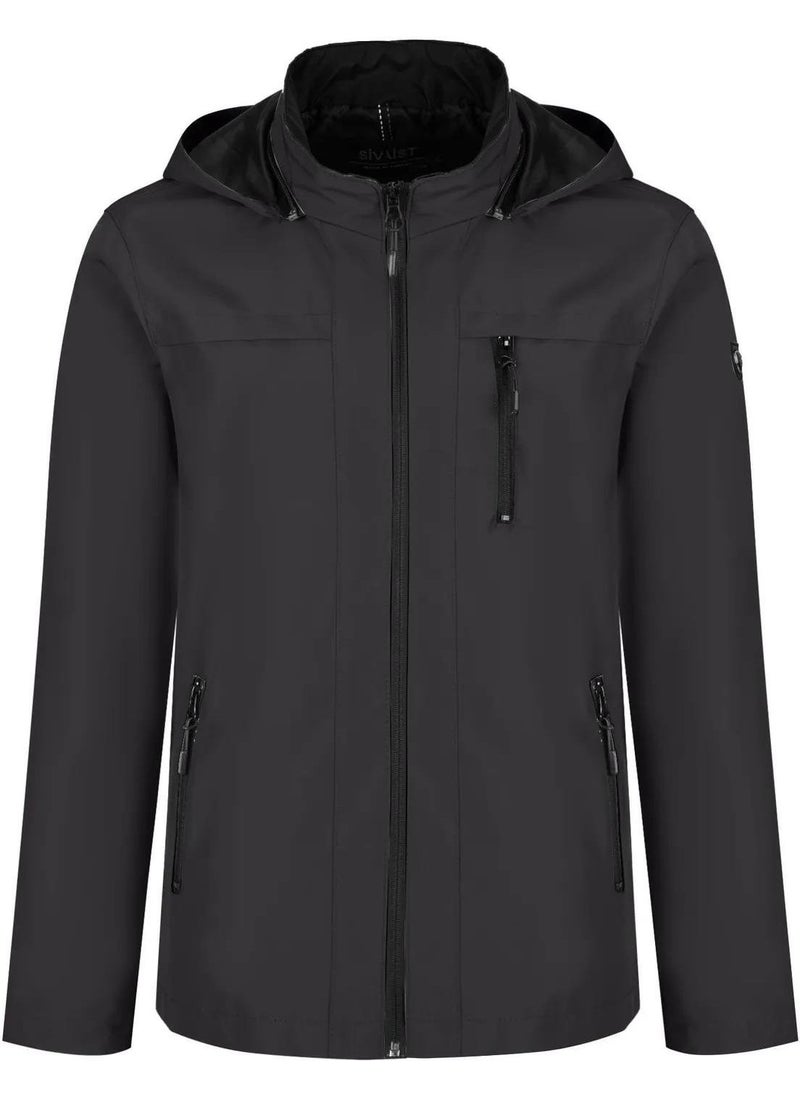 Men's Black 100% Waterproof Summer Jacket with Removable Hood and Inner Pocket