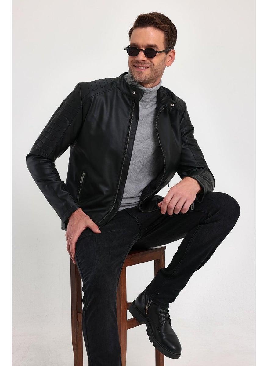 Men's Black Basic Leather Iron Zipper Detailed Furry Jacket & Coat