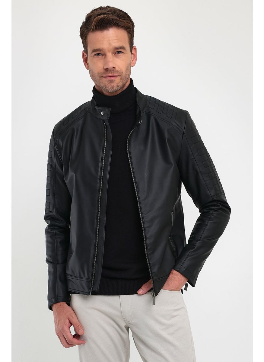 Men's Black Basic Leather Iron Zipper Detailed Furry Jacket & Coat