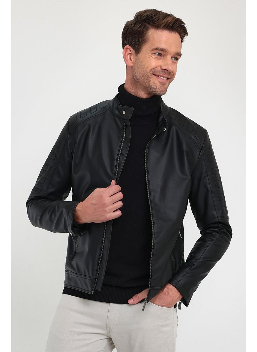 Men's Black Basic Leather Iron Zipper Detailed Furry Jacket & Coat