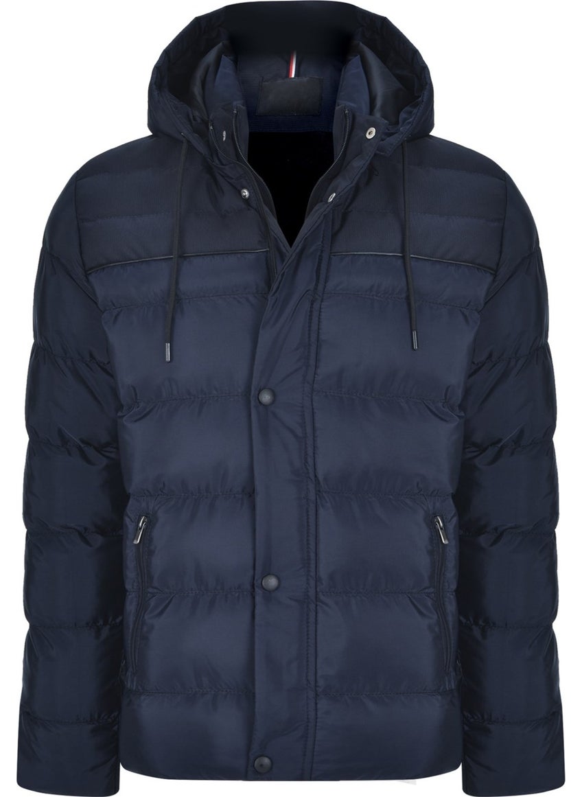 Men's Hooded Navy Blue Water and Windproof Regular Puffer Coat & Jacket