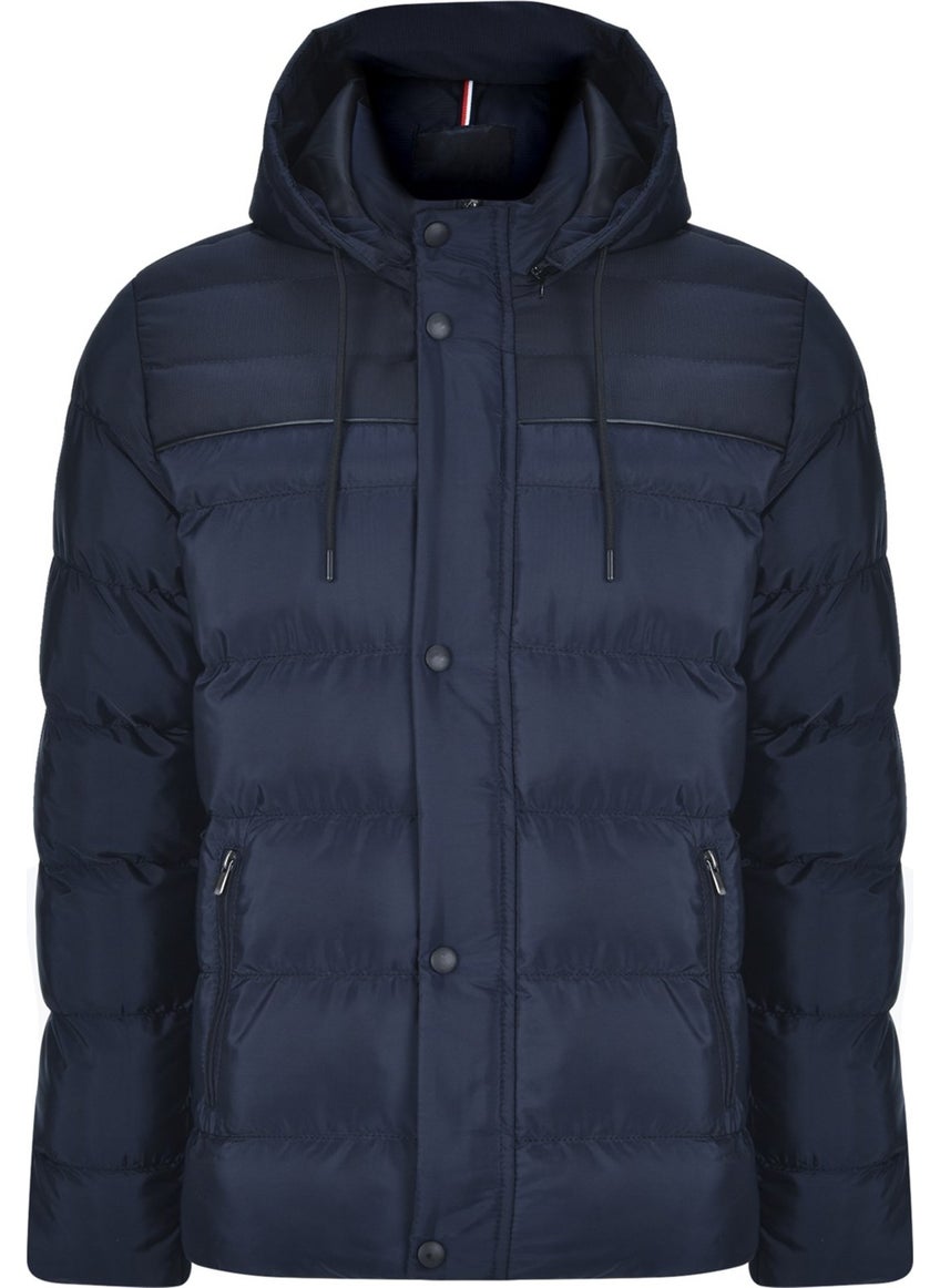 Men's Hooded Navy Blue Water and Windproof Regular Puffer Coat & Jacket