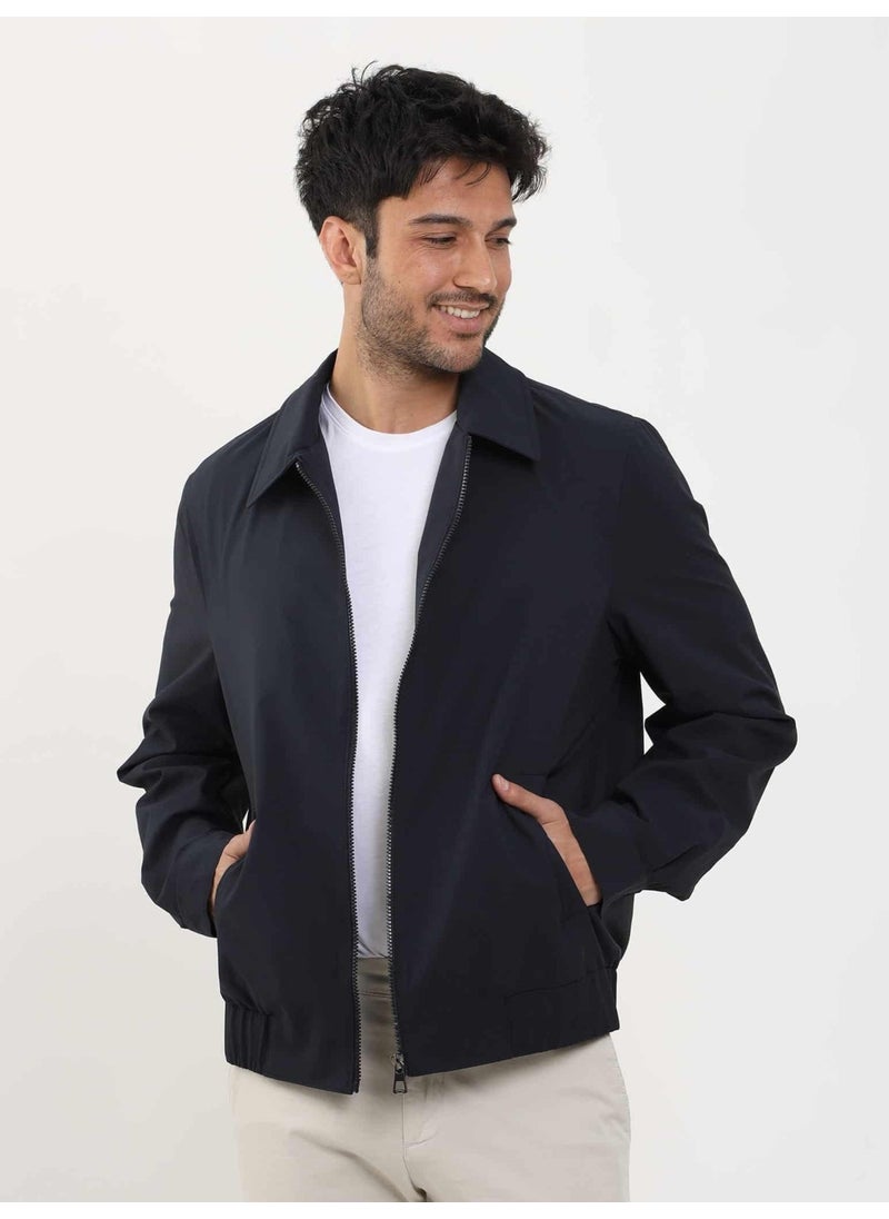 Navy Blue Men's Regular Fit Plain Classic Collar Bomber Coat - 104394