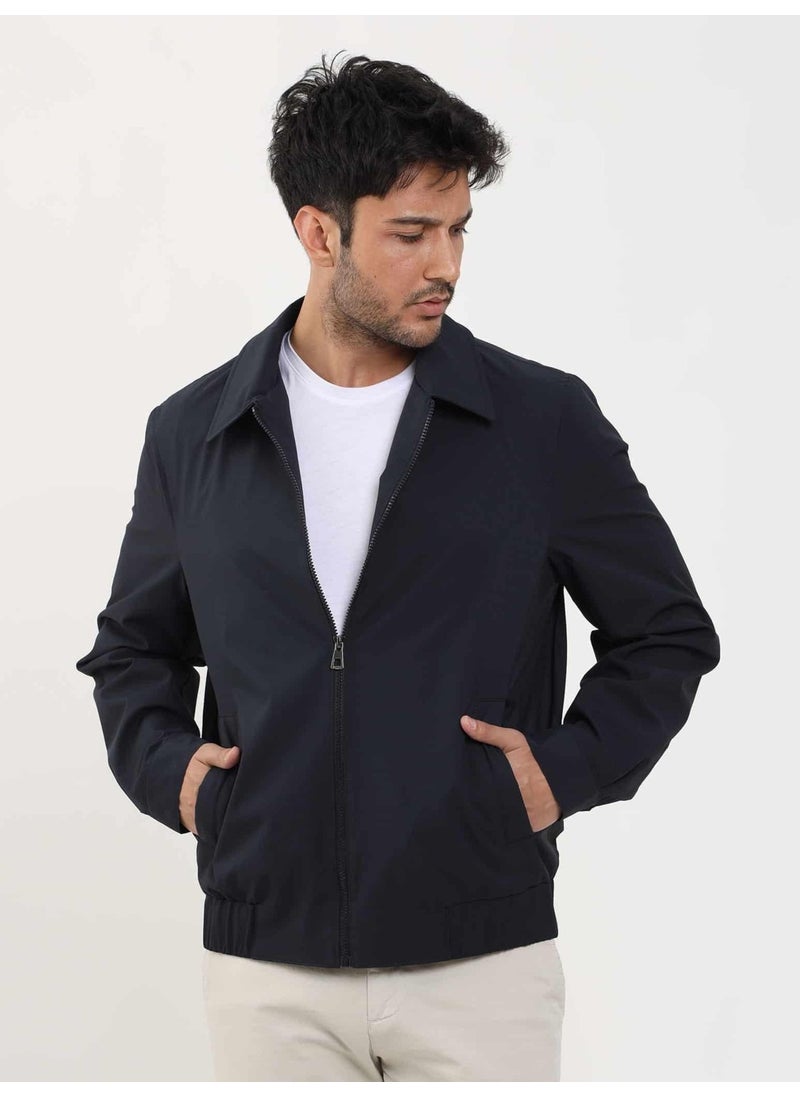 Navy Blue Men's Regular Fit Plain Classic Collar Bomber Coat - 104394