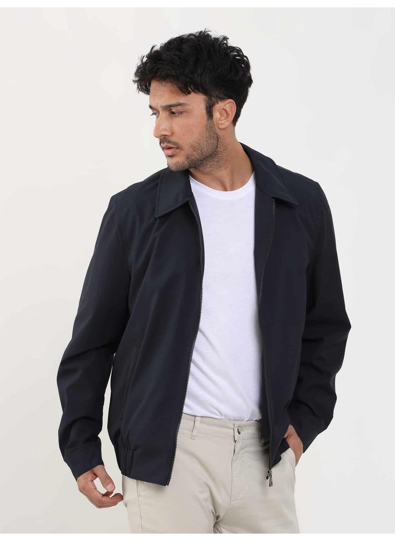 Navy Blue Men's Regular Fit Plain Classic Collar Bomber Coat - 104394